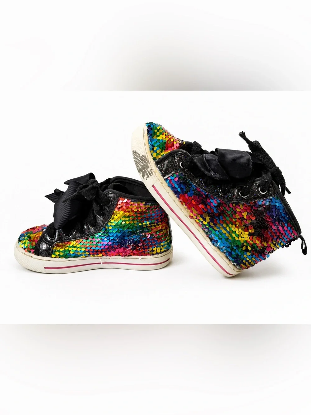 Justice Rainbow Sequin High Top Sneakers Girls Bow Ribbon MultiColor Glitter 12